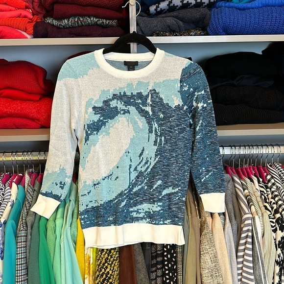J Crew white/teal print/metallic threads 3/4 quarter sleeve crew neck size XS - Picture 1 of 4